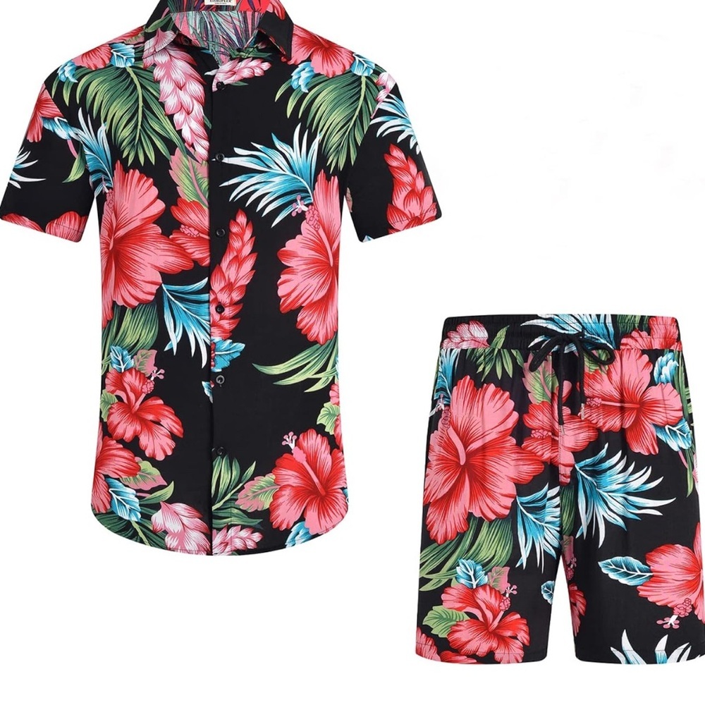 EISHOPEER Unisex Flower Hawaiian Set Casual Short Sleeve Shirt and Shorts Small - Picture 4 of 13